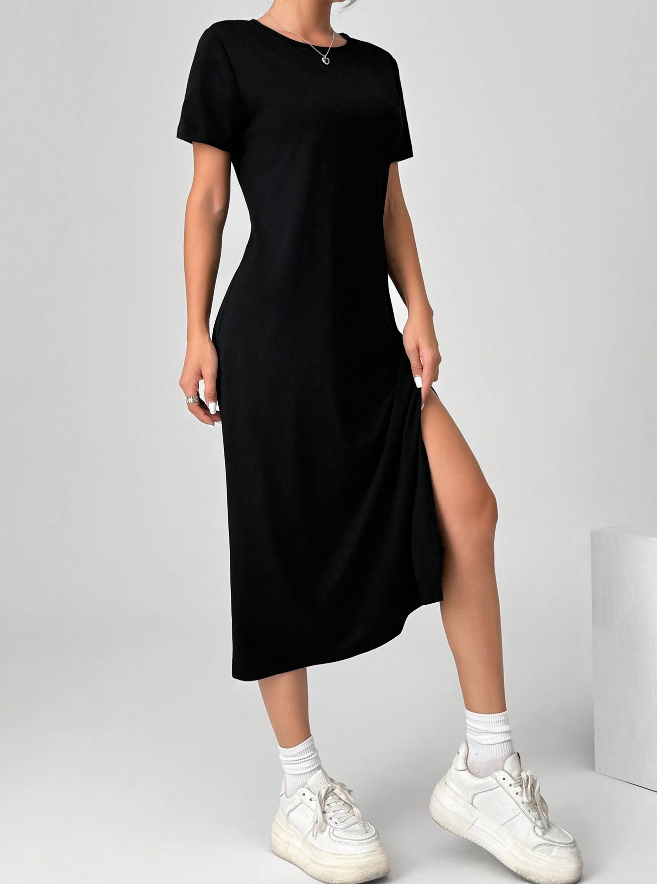 Vestido Negro de Punto Holgado con Mangas Cortas y Aberturas  - Talla L-2