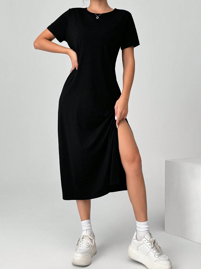 Vestido Negro de Punto Holgado con Mangas Cortas y Aberturas  - Talla L-3
