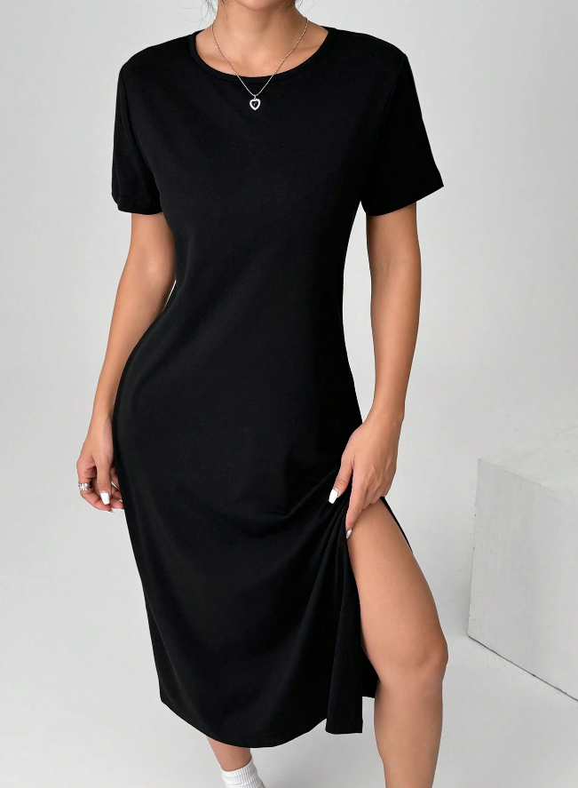 Vestido Negro de Punto Holgado con Mangas Cortas y Aberturas  - Talla L-4