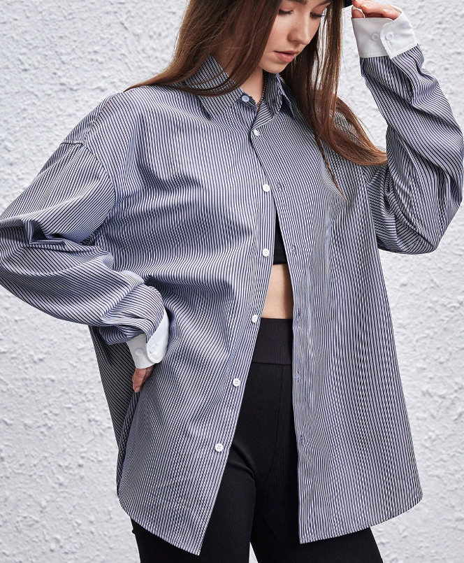 Camisa Oversized a Rayas - Gris - Talla XL-3