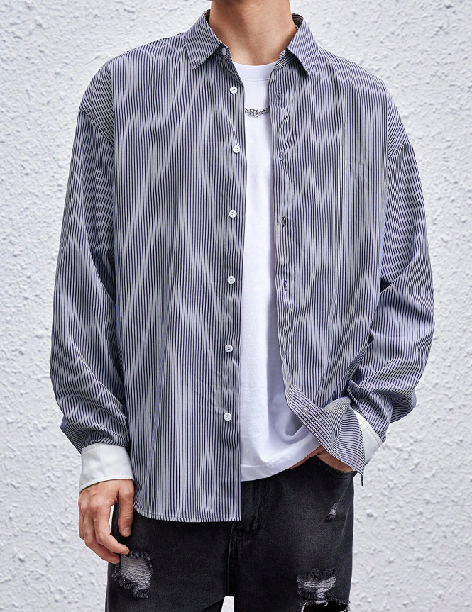Camisa Oversized a Rayas - Gris - Talla XL-4