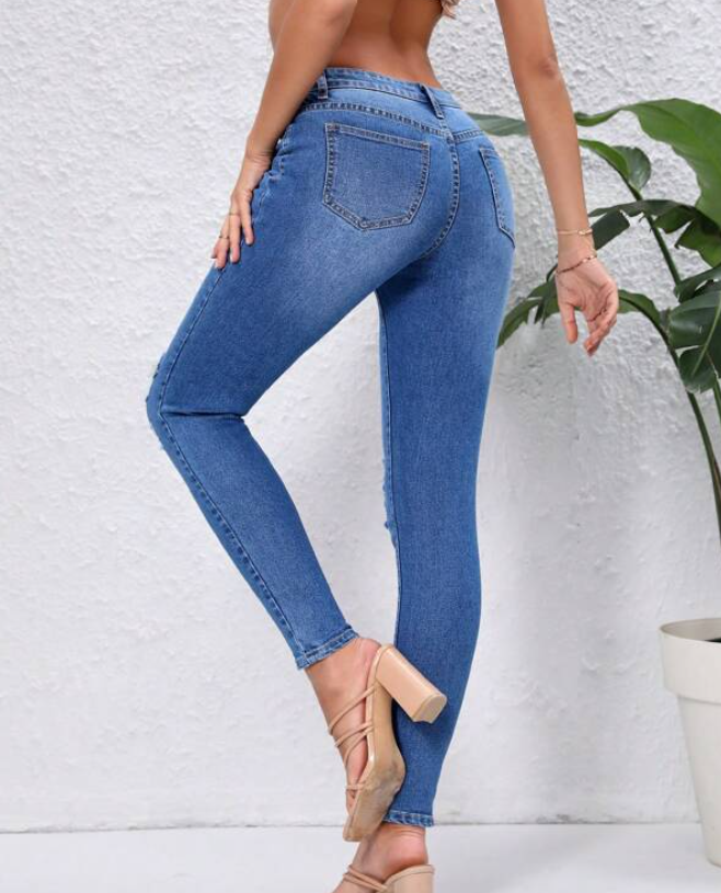 Jeans Ajustados Azul Lavado Medio-4