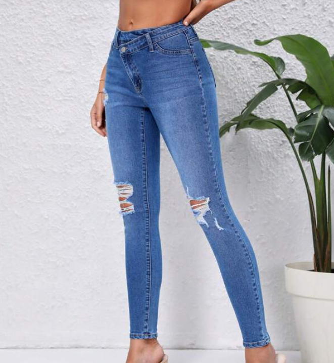 Jeans Ajustados Azul Lavado Medio-5