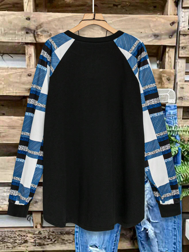 💙 Camiseta de Manga Larga con Cuello Redondo y Estampado de Cuadros - Talla XL-4