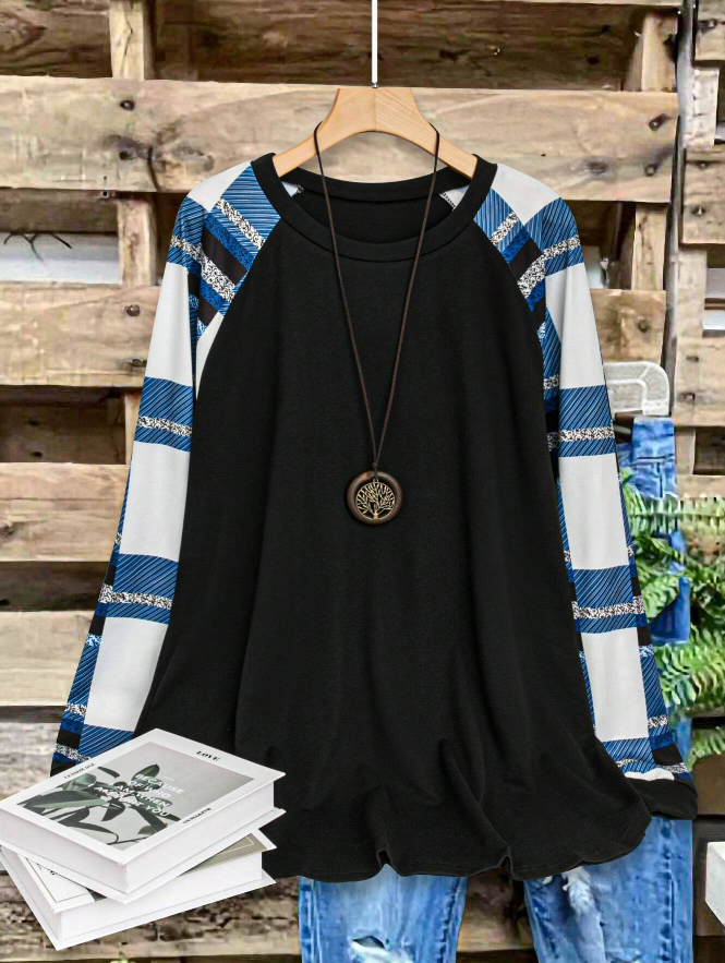 💙 Camiseta de Manga Larga con Cuello Redondo y Estampado de Cuadros - Talla XL-5