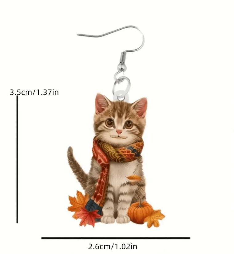 🍁 Pendientes Otoñales – Gatitos con Bufanda y Calabazas-2