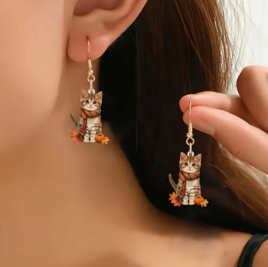 🍁 Pendientes Otoñales – Gatitos con Bufanda y Calabazas-3