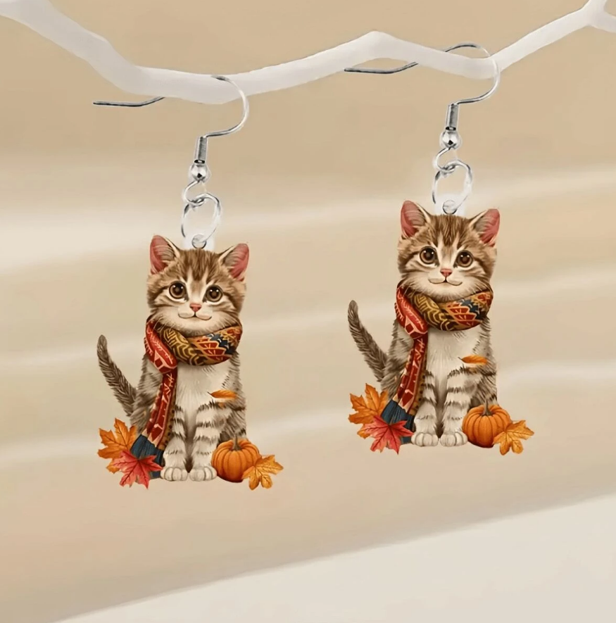 🍁 Pendientes Otoñales – Gatitos con Bufanda y Calabazas-4