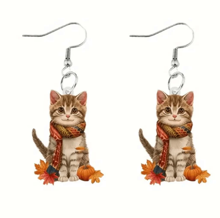 🍁 Pendientes Otoñales – Gatitos con Bufanda y Calabazas-6