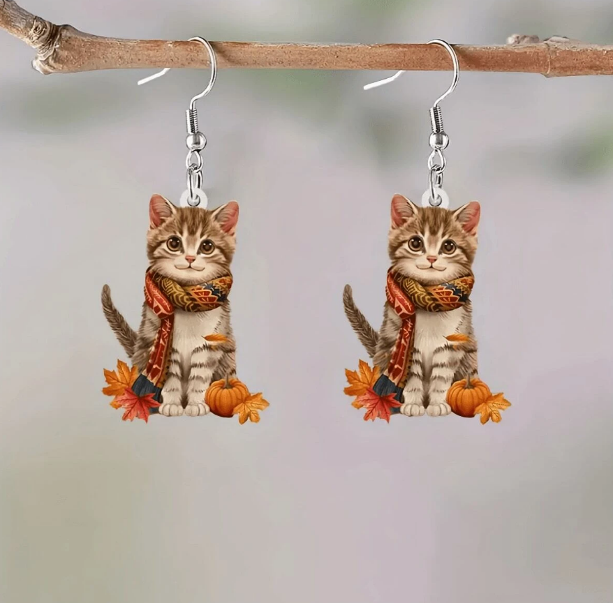 🍁 Pendientes Otoñales – Gatitos con Bufanda y Calabazas-7