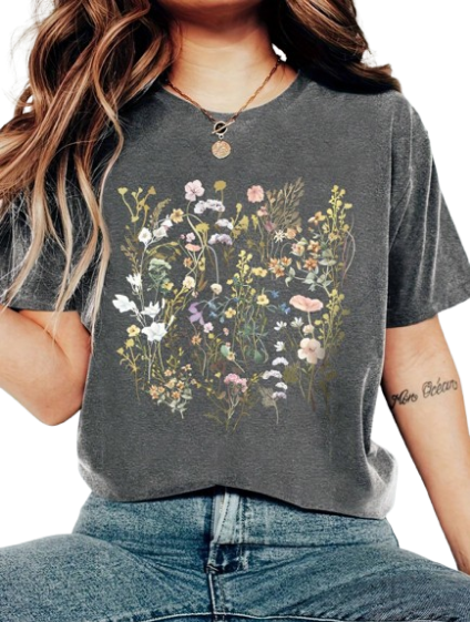 Camiseta de Manga Corta con Cuello Redondo y Diseño de Plantas  - Talla XL-0