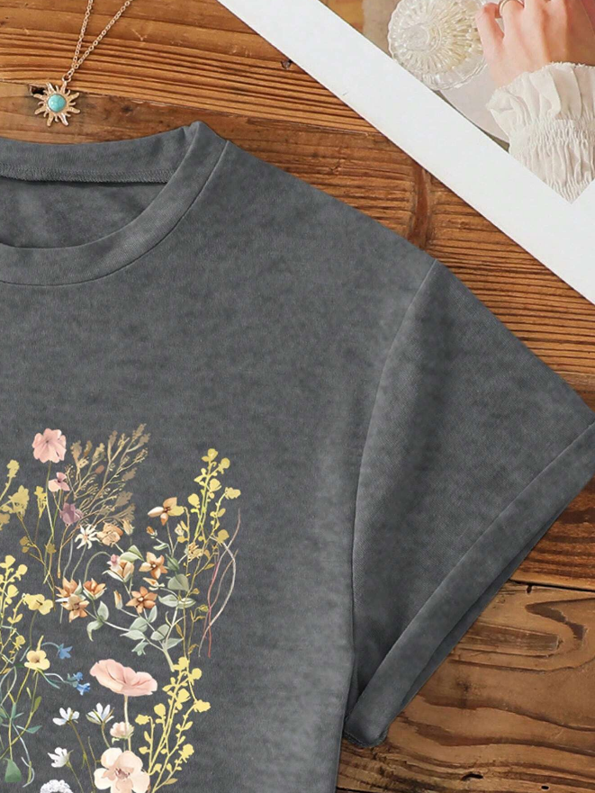 Camiseta de Manga Corta con Cuello Redondo y Diseño de Plantas  - Talla XL-2
