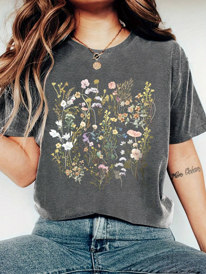 Camiseta de Manga Corta con Cuello Redondo y Diseño de Plantas  - Talla XL-4