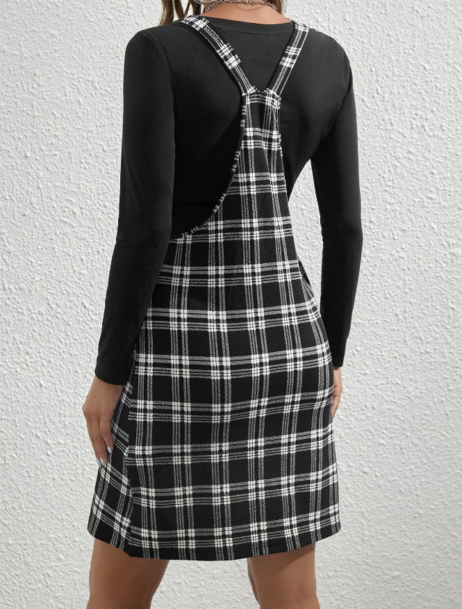 Conjunto Casual de 2 Piezas en Blanco y Negro con Estampado a Cuadros-3