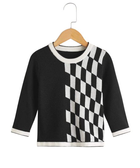 Pullover Casual de Blanco y Negro con Patrón Geométrico-2
