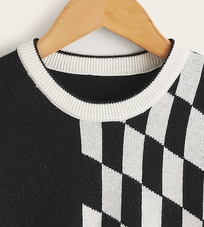 Pullover Casual de Blanco y Negro con Patrón Geométrico-5