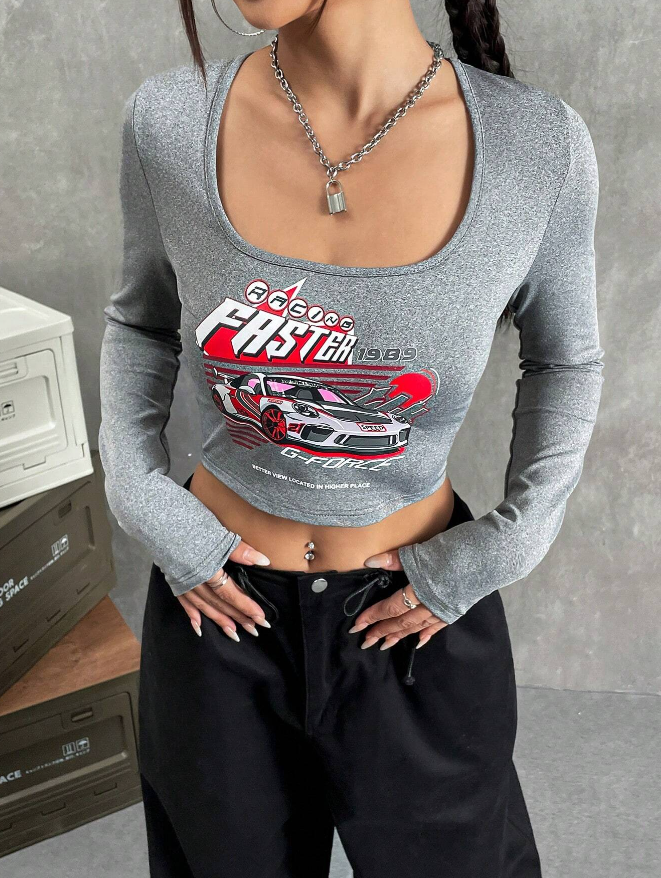 🚗 Camiseta Crop con Estampado de Coche y Slogan - Talla M -6