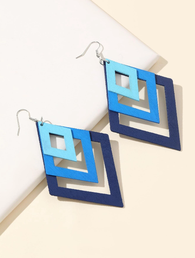 🔷 Pendientes Geométricos – Degradé Azul en Madera-2
