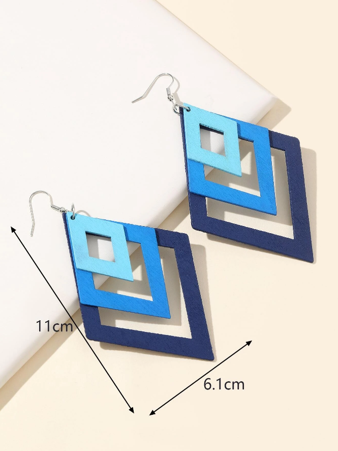 🔷 Pendientes Geométricos – Degradé Azul en Madera-3