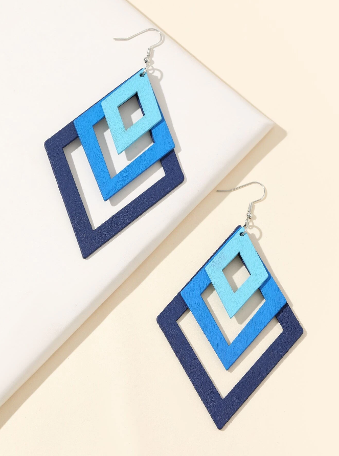 🔷 Pendientes Geométricos – Degradé Azul en Madera-4