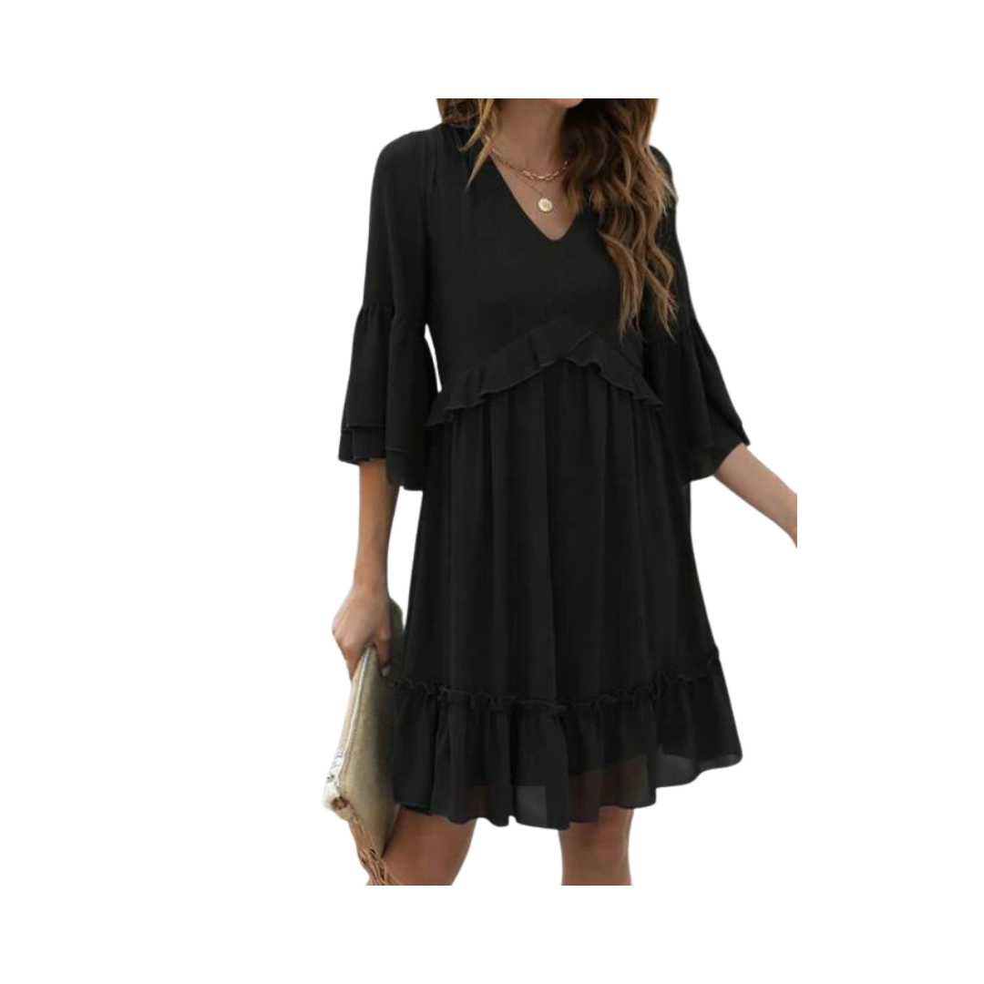 Vestido Negro de Chifón con Volantes-0