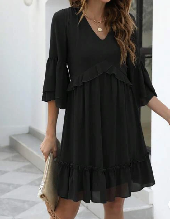 Vestido Negro de Chifón con Volantes-1
