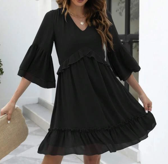 Vestido Negro de Chifón con Volantes-4
