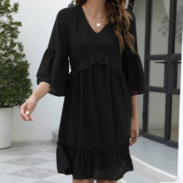 Vestido Negro de Chifón con Volantes-5