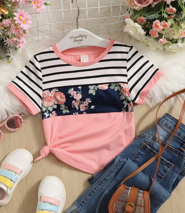 🌸 Polera Infantil Multicolor con Estampado Floral y Rayas - Tallas 4 y 7 años-2