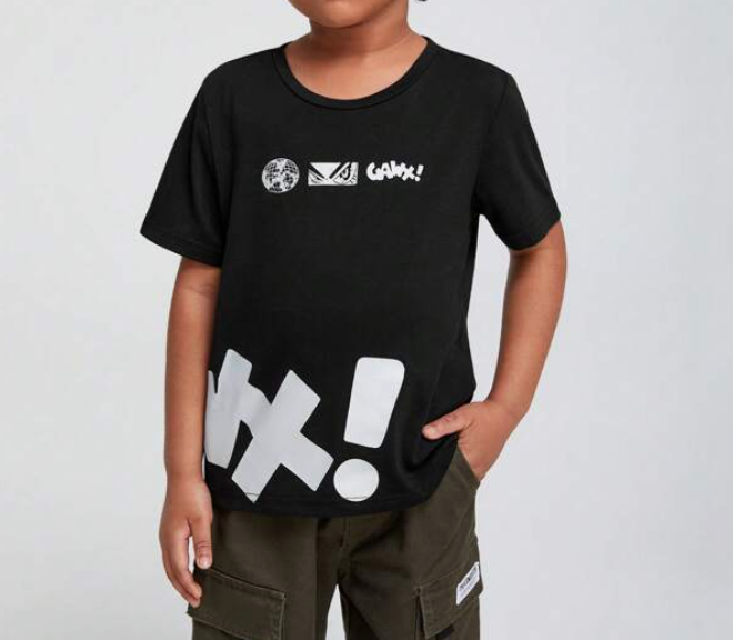 Camiseta Negra Casual para Niño con Estampado de Letras ⚡🖤 - Talla 7 años-2