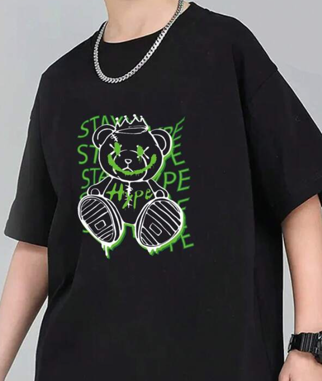 Camiseta Oversize con Estampado de Oso y Letras - Color Negro-2