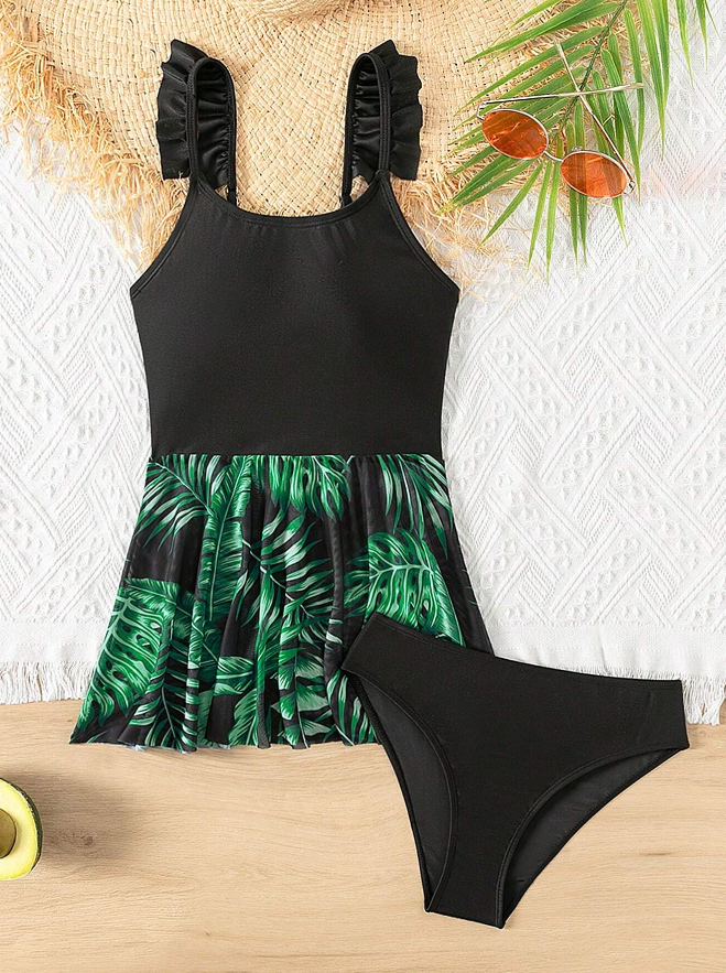 🌴 Conjunto Tankini Infantil – Estampado Tropical + Volantes - Talla 10 años-7
