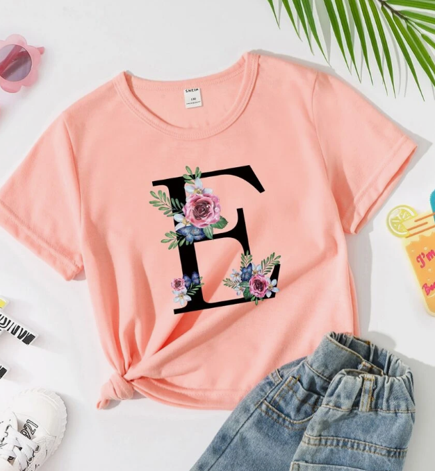 🌸 Polera Infantil Letra "E" con Detalles Florales - Talla 11 a 12 años-2