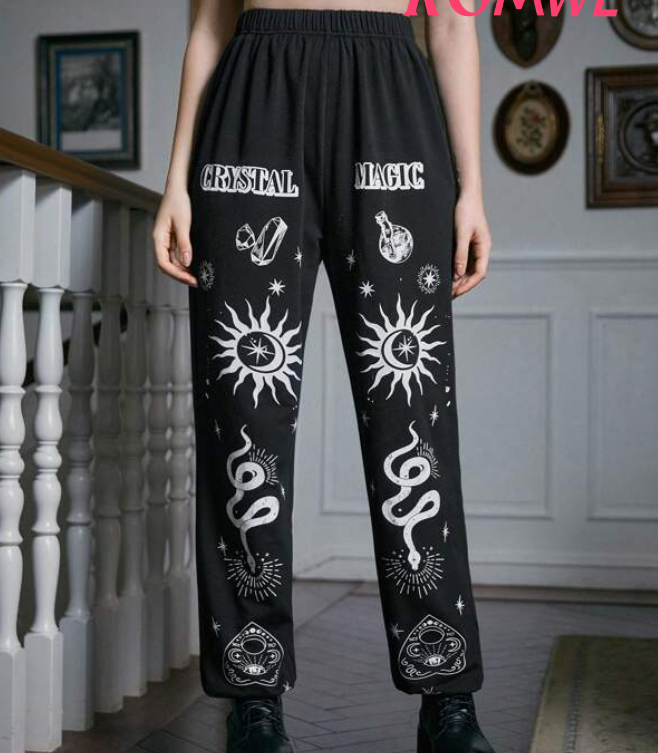 Pantalones Jogger con Estampado de Sol, Serpiente y Letras-2