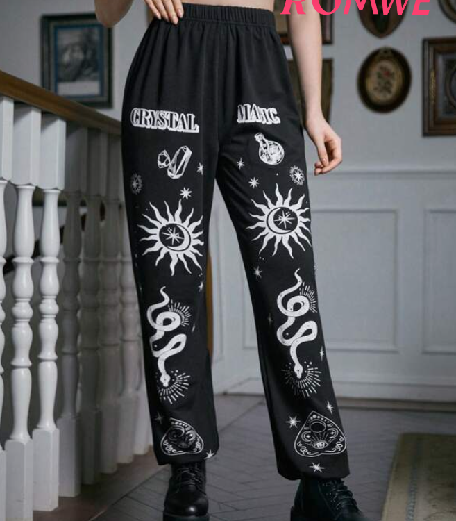 Pantalones Jogger con Estampado de Sol, Serpiente y Letras-3