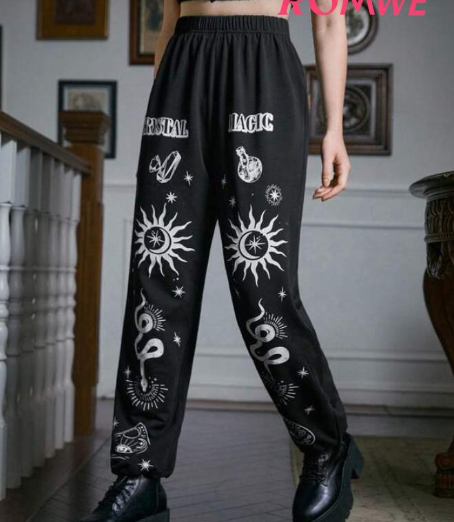 Pantalones Jogger con Estampado de Sol, Serpiente y Letras-4