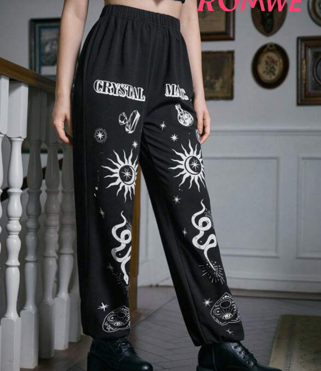 Pantalones Jogger con Estampado de Sol, Serpiente y Letras-6