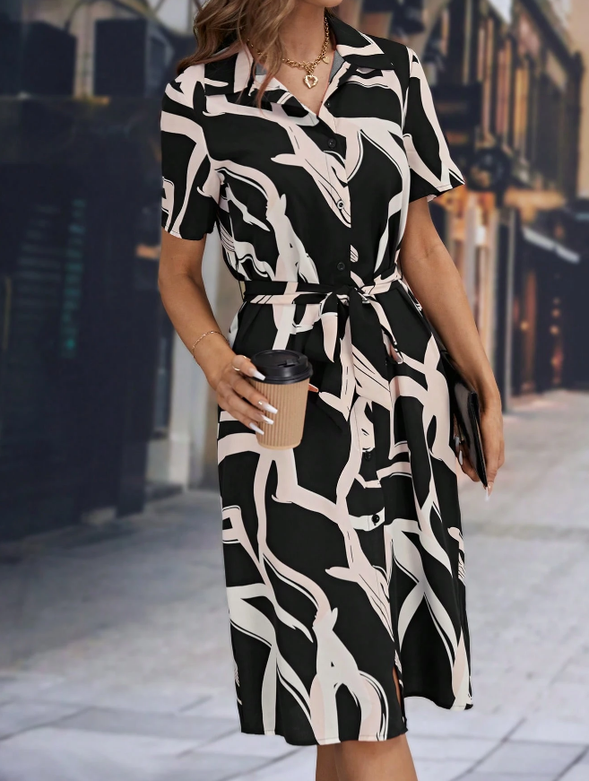 Vestido Camisero con Estampado Integral y Cinturón - Talla XL-5