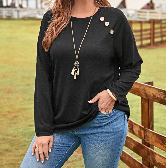 🖤 Camiseta con Diseño de Botón y Manga Raglán - Talla 1XL-2