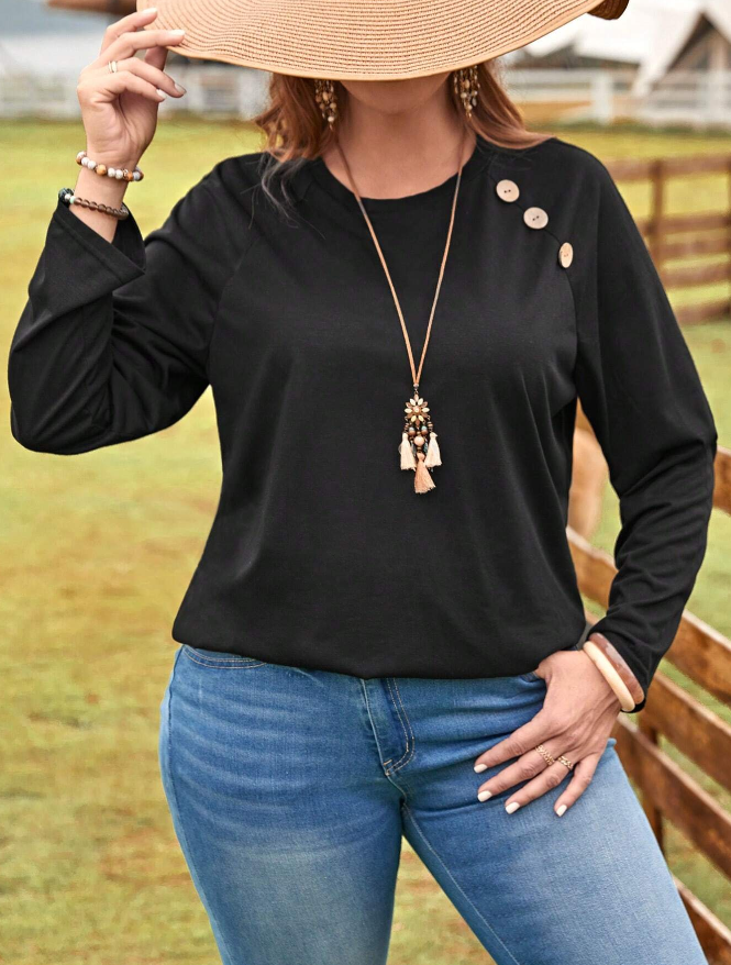 🖤 Camiseta con Diseño de Botón y Manga Raglán - Talla 1XL-3