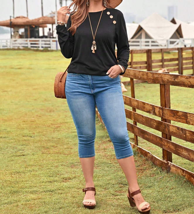 🖤 Camiseta con Diseño de Botón y Manga Raglán - Talla 1XL-6