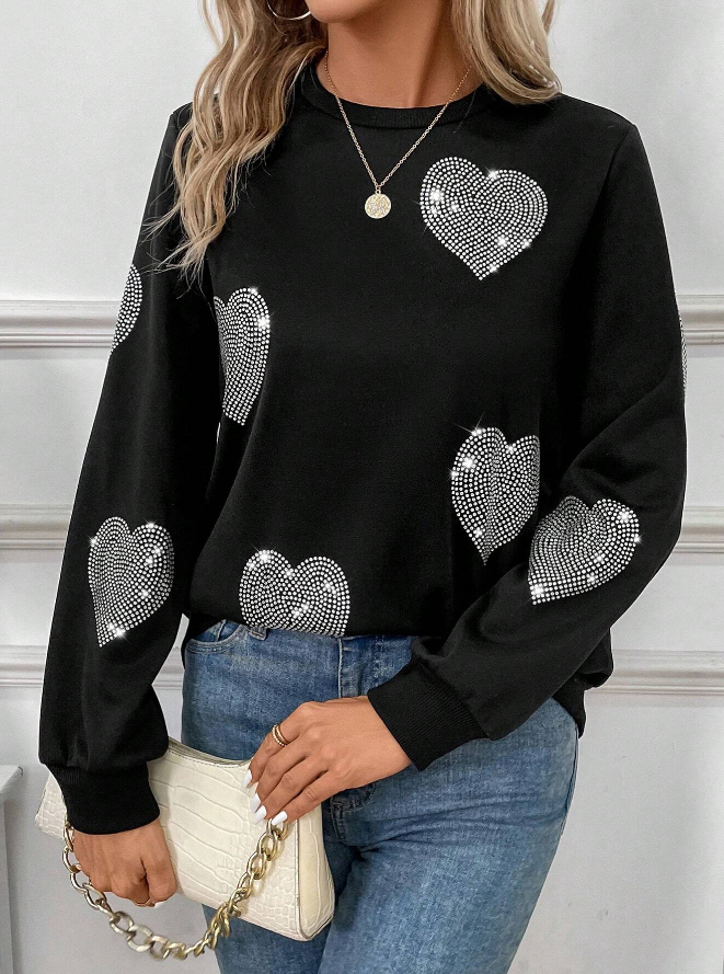 🖤 Sudadera de Cuello Redondo con Diseño de Corazón y Decoración de Strass - Talla XL-2