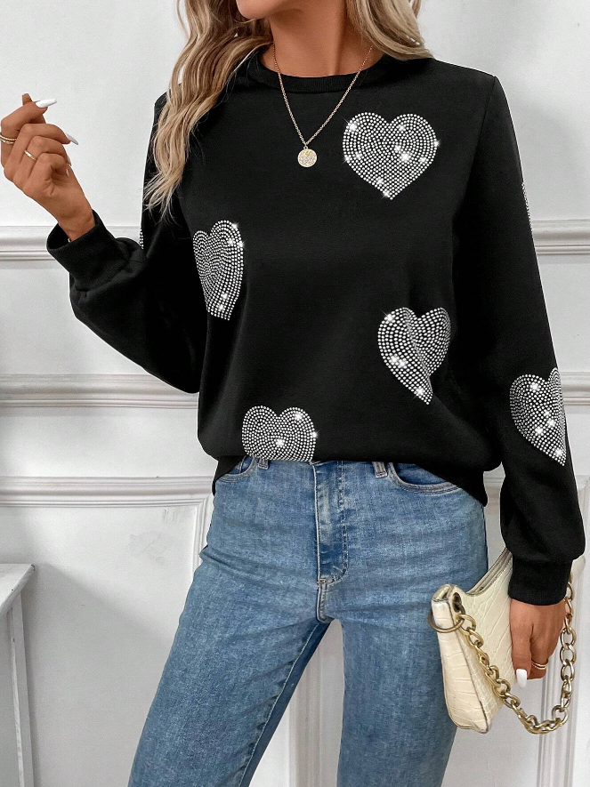 🖤 Sudadera de Cuello Redondo con Diseño de Corazón y Decoración de Strass - Talla XL-4