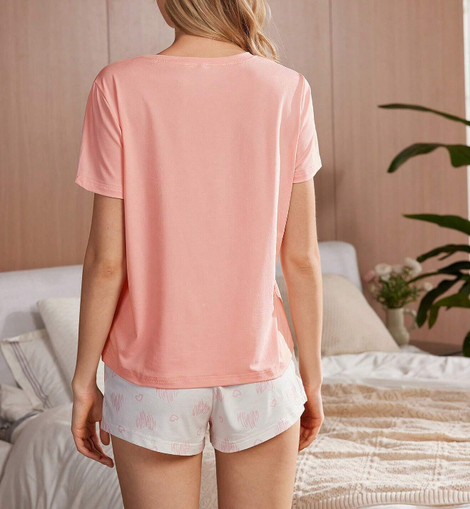 Conjunto de Pijama de Verano con Estampado de Corazones y Letras - Talla XL-2
