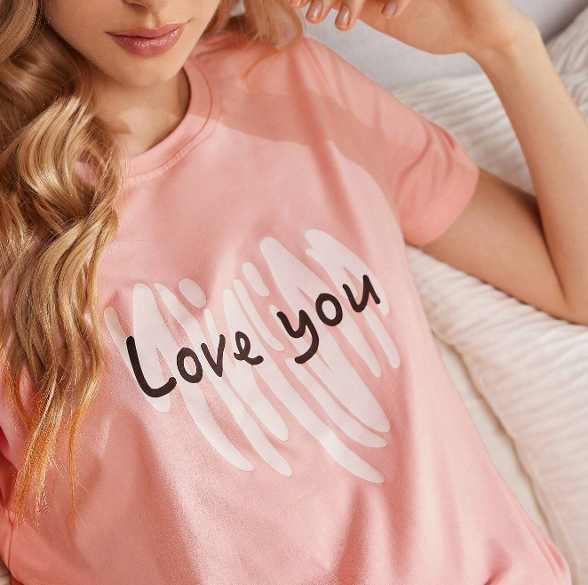 Conjunto de Pijama de Verano con Estampado de Corazones y Letras - Talla XL-3