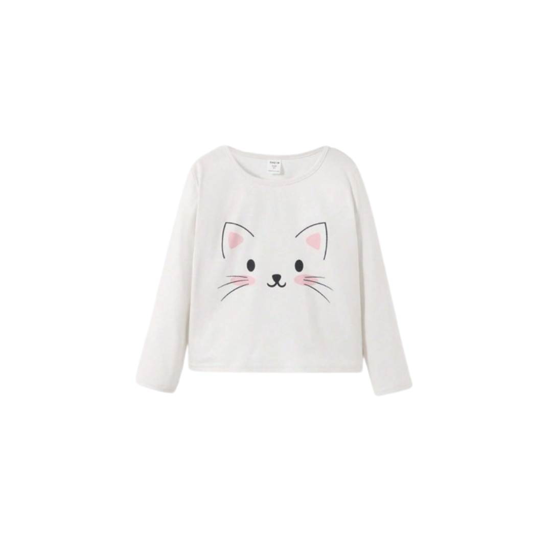 🐱 Polera Manga Larga Estampado Gatito - Blanco - Talla 6 años-0