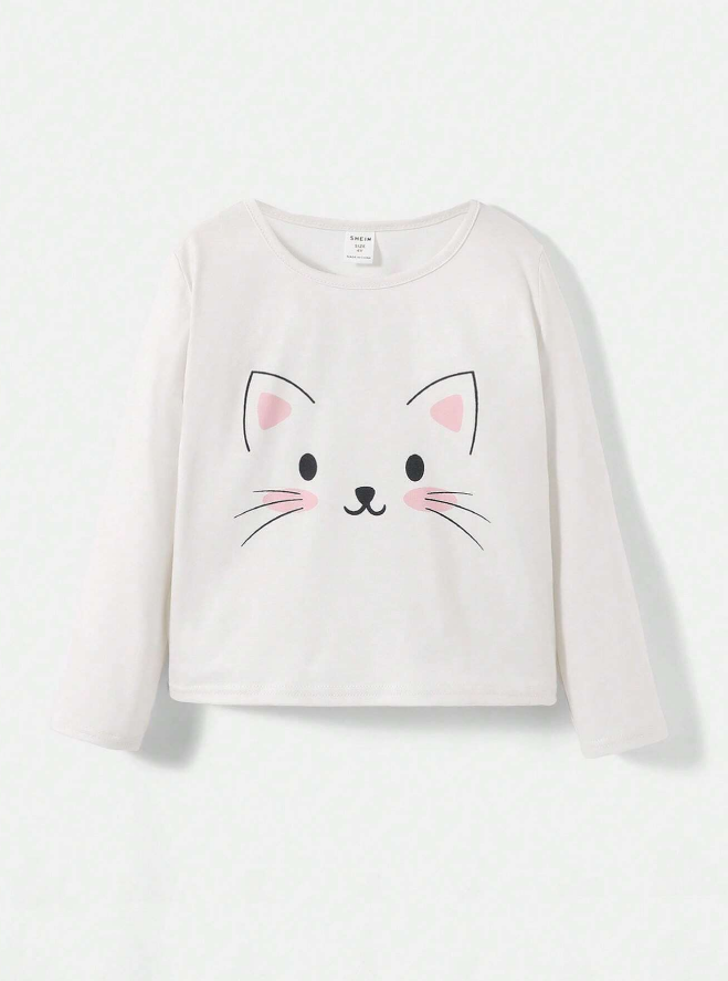 🐱 Polera Manga Larga Estampado Gatito - Blanco - Talla 6 años-1