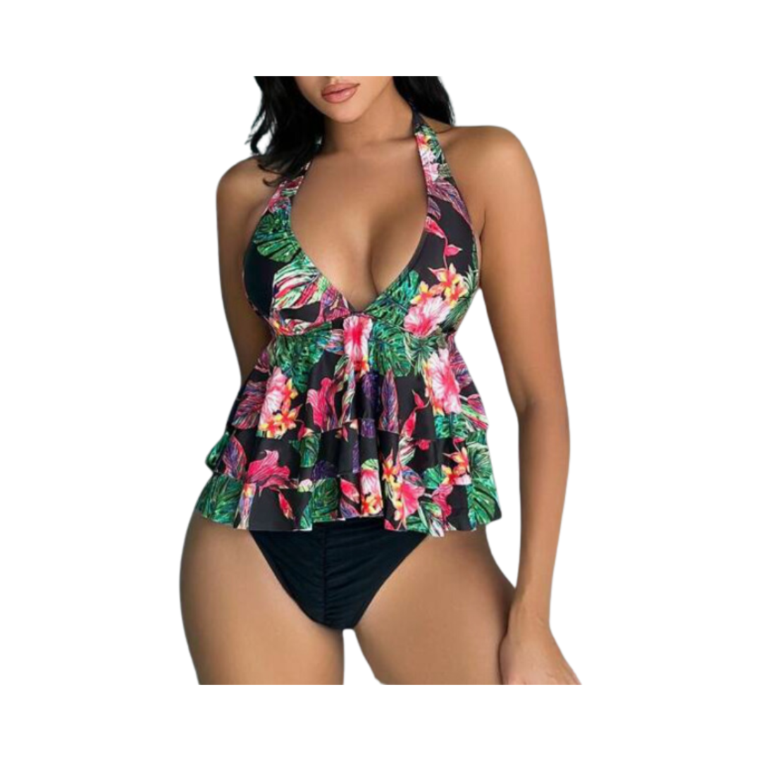 Bikini Halter con Estampado Tropical y Volantes ✨- Talla S-0