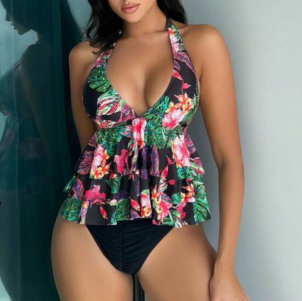 Bikini Halter con Estampado Tropical y Volantes ✨- Talla S-1