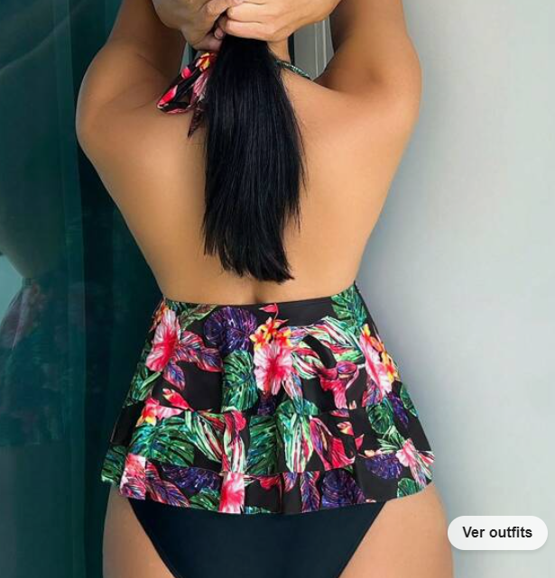 Bikini Halter con Estampado Tropical y Volantes ✨- Talla S-2